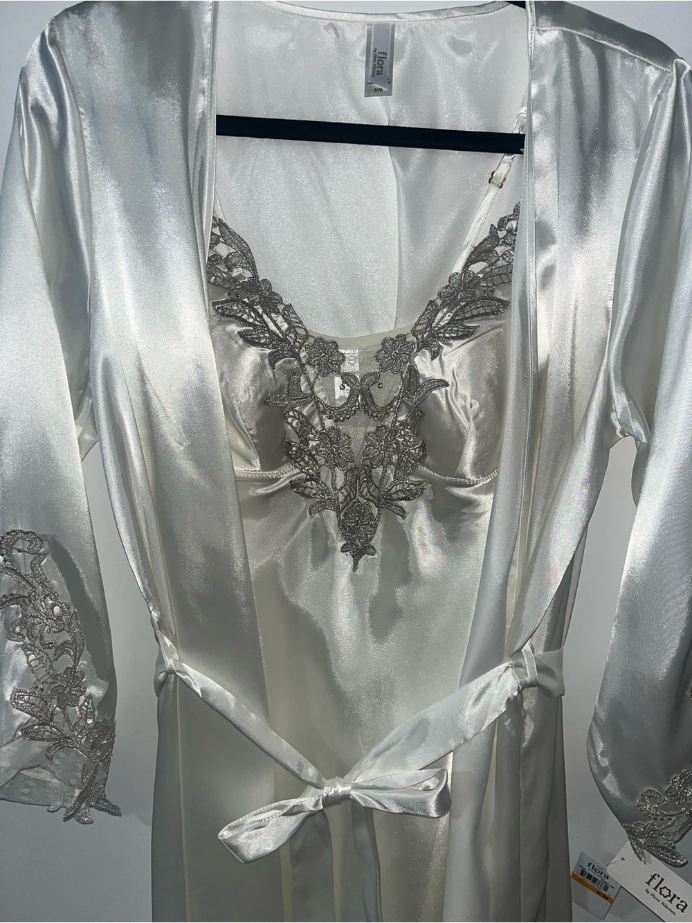 White and silver Satin Lace-Trim Robe and Slip dress set bridal new